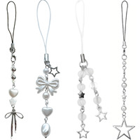 Snowy Shop 4Pcs Aesthetic Silver Bow Phone Charm  Cute Pearl Beaded Mobile Chain Accessory | Stylish Kawaii Phone Strap For Girls, Women & Teens | Trendy Y2K Diwali Gift