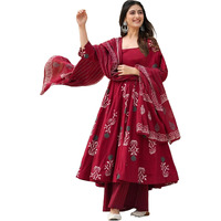 Anni Designer Women's Rayon Viscose Anarkali Printed Kurta With Pant & Dupatta (Giyana Maroon_L_Maroon_Large)