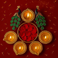 Sd Decor Festive Decor Peacock Urli Bowl With Golden Diya Holders | Traditional Home & Pooja Urli Bowl For Navratri, Diwali, Wedding And Festival Celebrations