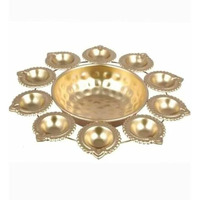 Decorative Brass Finish Diya Stand With Central Bowl | 9 Diya Holder Plate For Pooja, Aarti, Diwali Decoration, Temple & Home Traditional Lighting Plate
