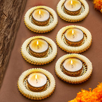 Tied Ribbons Tealight Candle Holder Stand Set Of 6 - Diwali Decoration Items For Home Decor Diyas Indoor Outdoor Office Gifting (2 Cm X 8 Cm) - Diwali Decor
