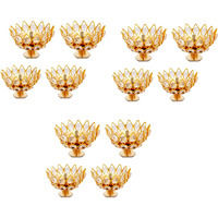 Collectible India Brass Crystal Bowl Design Akhand Diya Oil Lamp Stand For Puja Home Diwali Decoration (Golden) Pack Of 12