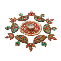 Ikreation Big Gota Patch And Acrylic Diya Rangoli With Candle Holder (B8)- 13 Pcs (Diya And Gota Patch) (Red And Green) (37 Cm X 37 Cm)