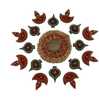 Ikreation Acrylic Baby Rangoli With Gota Patch And Tea Light Candle Holder - 17 Pcs (B9) (Diya, Ekka & Gota Patch) (Red, Green & Pink) (30 Cm X 30 Cm)