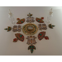 Ikreation Acrylic Diya Rangoli With Lotus Wooden Rangoli And Gota Patch With Candle Holder 13 Pcs (B13) (Diya, Wooden Rangoli & Gota Patch | Empty Rangoli Bottle (2-Pcs)| Red & Green | 38 Cm X 38 Cm)