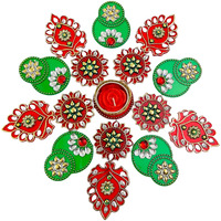 Krisah Medium Size 16 Pieces Set Acrylic Rangoli With T Light Holder Multi Color Handicraft Jewel Stone Decorations