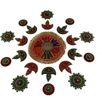 Ikreation Acrylic Baby Rangoli With Gota Patch And Candle Holder - 21 Pcs (B10) (Diya, Sunflower, Coin & Gota Patch | Red, Green & Multicolor | 39 Cm X 39 Cm)