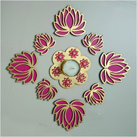 Picrazee Handcrafted Wooden Lotus Rangoli Set With Tea Lights - Set Of 8 - Home Decor, Diwali Decoration, Festival Decoration, Gifting
