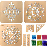 Swagstation Mandala Rangoli Stencil For Decoration For Floor With Tools Kit, 6 Rangoli Color Powder, Set Of 9 Mulitcolor Stencils Big Size