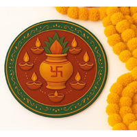 Abhaas Pooja Decoration Wooden Rangoli For Floor And Table Decor | Reusable Floor Rangoli For Home Decoration For Diwali, Ganesh Chaturthi, Durga Pooja, Gifting (12 Inches) (Kalash Design)