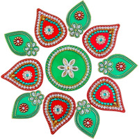 Kriwin Acrylic Rangoli 11-Inch Red And Green With Studded Stones, Traditional Festival Decoration For Home
