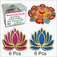 Musthaves Set Of 12 Wooden Lotus Cutouts - Rose Pink (6) Ocean Blue (6) | Lotus Diy Rangoli Kit For Diwali Decoration; Rangoli For Pooja Decoration