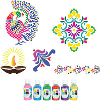 Swagstation Mandala Rangoli Making Tools Kit Big Size For Floor And Rangoli Powder With Rangoli Tools Kit -Set Of 5 Rangoli Stencils Big Size, 6 Colors Bottles (Mandala Decorative Stencils 61Ws0666)