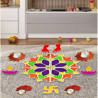 Solobolo Layered Rangoli Mat|Flower Rangoli Mat|Diwali Diya|Laxmi Feet|Swastik Rangoli|4 Tea Light| Set With 6 Rangoli Powder Colours| Lotus Decoration Items|Diwali Decoration Item |Size-18In