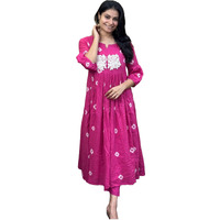 Anni Designer Women's Rayon Blend Anarkali Printed Kurta With Pant (Anveshi Pink_S_Pink_Small)