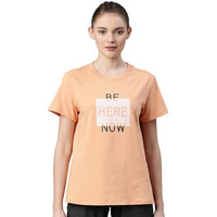 Enamor Athleisure Relaxed Fit Short Sleeve Round Neck Antimicrobial Finish Breathable Stretch Cotton Activewear Sports Tshirt For Women - A301 (A301_Apricot Pie/Be Here Now Graphic_L)