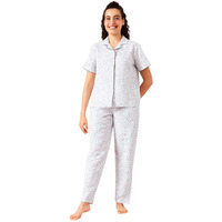 Clovia Women's Printed Button Down Shirt & Pyjama Set In Multicolour - Cotton Rich (Ls0264P19_Multi-Coloured_M)