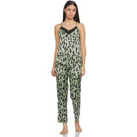 Clovia Women's Satin Animal Print Nightwear Pajama Set Pack Of 2 (Ns1314R11M_Green), Medium
