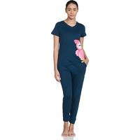 Clovia Cotton Night Suits For Women, Night Dresses, Pyjama Set, Women Night Suit Set, Night Wear, Lounge Wear Set For Women - Top & Pyjama Set (Dark Blue - Graphic, Medium)