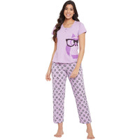 Clovia Cotton Night Suits For Women, Night Dresses, Pajama Set, Night Suit Set, Night Wear, Lounge Wear Set - Top & Pajama Set (Purple - Animated, 2Xl)