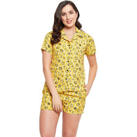 Clovia Women's Rayon Printed Button Down Shirt & Short Set (Ls0141A02_Yellow_M)