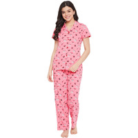 Clovia Women's Cotton Florals Printed Top & Pyjama Set (Ls0025J22_Pink_L)