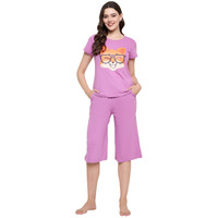 Clovia Cotton Night Suits For Women,Night Dresses For Women,Capri Night Suit For Women,Women Night Suit Set,Night Wear For Women,Lounge Wear Set For Women-Top & Capri Set (Purple-Graphic,Xl)