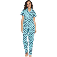Clovia Women's Cotton Pretty Print Button Me Up Shirt & Pyjama Set (Ls0025G03_Blue_M)