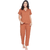 Clovia Women's Sassy Stripes Button Me Up Shirt & Pyjama Set (Ls0385D06_Brown_3Xl)