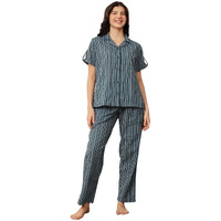 Clovia Women's Sassy Stripes Button Me Up Shirt & Pyjama Set (Ls0385O08_Blue_3Xl)