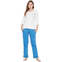 Clovia Women's Cotton Printed Top & Pyjama Set (Ls5672D18_White_S)