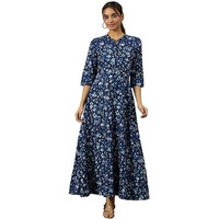 Ensign Blue Floral Printed Flared Pure Cotton Dress In Mandarin Collar (Size: M)-24Aua15402-508548