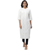 White Floral Motif Straight Kurta (Size: S)-24Fea14636-507659