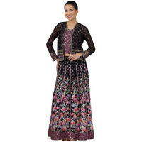 Aurelia Women's Pink Geometric Printed Sleeveless Top, Black Sheer Jacket And Flared Skirt Set