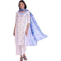 Aurelia Women's White Embroidered Pure Cotton Straight Kurta With Palazzos & Dupatta Set (Size: S)-As15729-608187