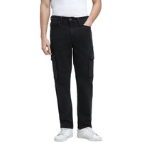 Dennis Lingo Men's Full Length Cotton Poly Stretch Washed Straight Cargo Fit Jeans (Black, 38)