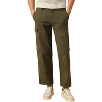 Dennis Lingo Men's Olive Solid Cotton Loose Fit Cargo Trouser