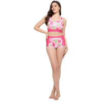 Clovia Women's Pretty Leaf Print Two Piece Swimsuit (Sm0117R22_Pink_Xl)