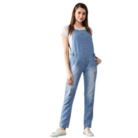 Dolce Crudo Women's Light Blue Regular Fit Mid Rise Regular Length Ripped Denim Dungaree(Doss18Den04-06-158-32,Light Blue,32)