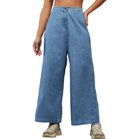 Dolce Crudo Women's Flared Wide-Leg High Rise Clean Look Regular Length Non Stretchable Denim Pants (Doss24Den69-48-115-30, Blue, 30)