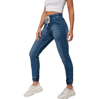 Dolce Crudo Women's Relaxed Fit Mid Rise Regular Length Scraped Denim Stretchable Jogger Pants (Doss24Den97-06-71-28, Navy Blue, 28)