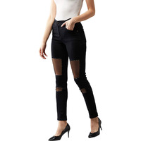 Dolce Crudo Women's Black Slim Fit High Rise Regular Length Mild Distressed Ripped Net Detailing Denim Stretchable Jeans(Doss18Den02-23-62-28,Black,28)