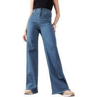 Dolce Crudo Women's Wide Leg High Rise Regular Length Stretchable Denim Jeans (Doss24Den12-84-303-34, Mid Blue, 34)