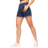 Dolce Crudo Women's Relaxed Fit High Rise Stretchable Denim Faded Shorts (Doss24Den79-17-354-30, Prussian Blue, 30)