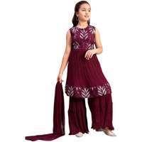 Aarika Girls Ethnic Wear Purple Colour Sequin Thread Embroidery Georgette Kurti Sharara Set (4-15 Years)