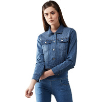 Dolce Crudo Women's Navy Blue Solid Polo Neck Full Sleeves Buttoned Denim Embellished Cropped Jacket( Doaw19Den05-58-71-06_Blue_Xl)