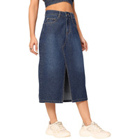 Dolce Crudo Women's A-Line High-Rise Non-Stretchable Denim Midi Skirt (Doss22Den11-08-319-28, Midnight Blue, 28)