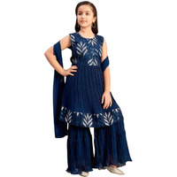 Aarika Girls Ethnic Wear Teal Blue Colour Sequin Thread Embroidery Georgette Kurti Sharara Set (4-15 Years)