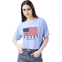Elliti Soft Rich Cotton Half Sleeve | Round Neck | Oversized/Loose Fit | Down Solder | Us Flage Print Crop Top For Women (Large, Sky Blue)