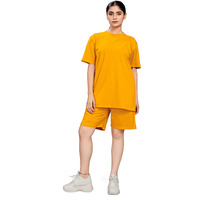 Elliti Women's Cotton Casual Wear Solid/Plain Night Suit Set Of Top & Shorts, Co Ord Set (Colour: Mustered)(Size: L)